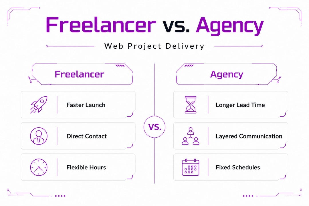 Infographic comparing freelancer and agency web project delivery