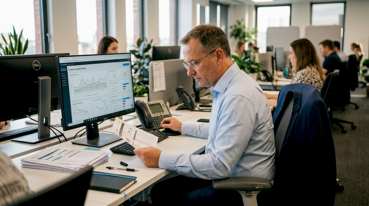 marketing manager reviewing website performance stats