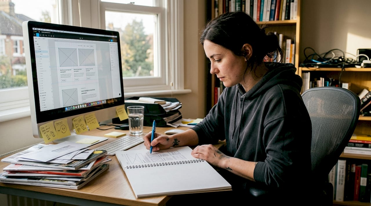 designer sketches website layout at home desk