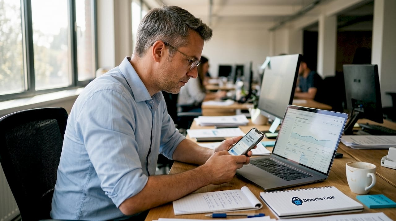 man testing site on smartphone at desk