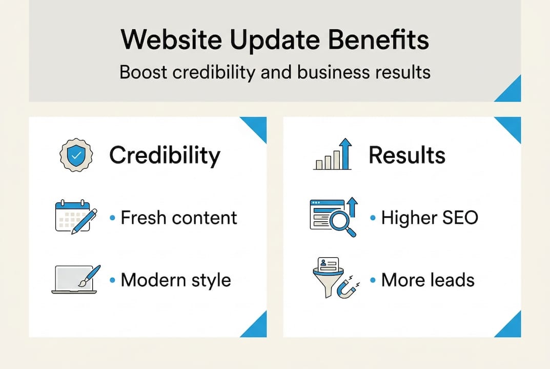 why update your website: boost credibility and results 4 infographic showing website update benefits