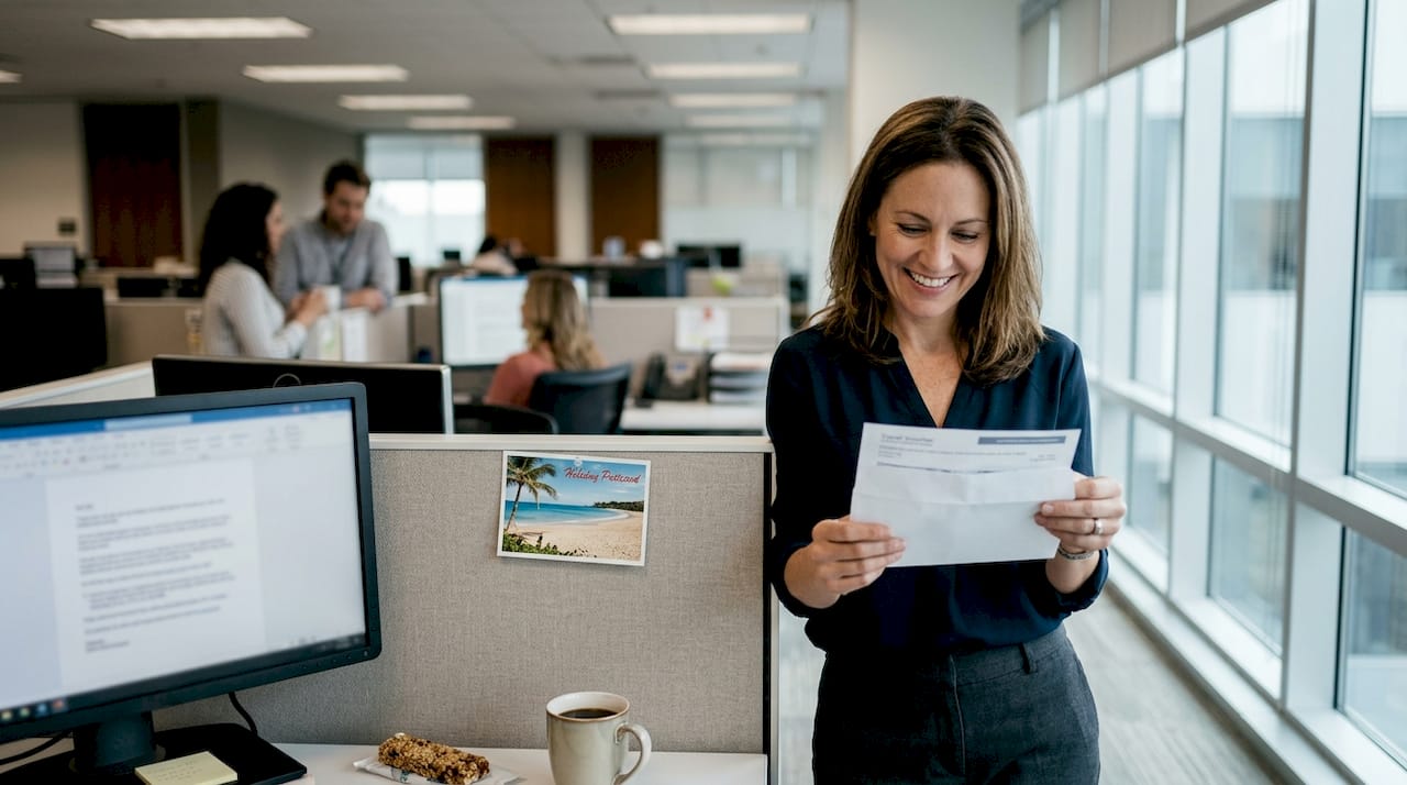 bulk order travel gifts: the ultimate guide for rewards 3 employee reading a travel reward at her desk