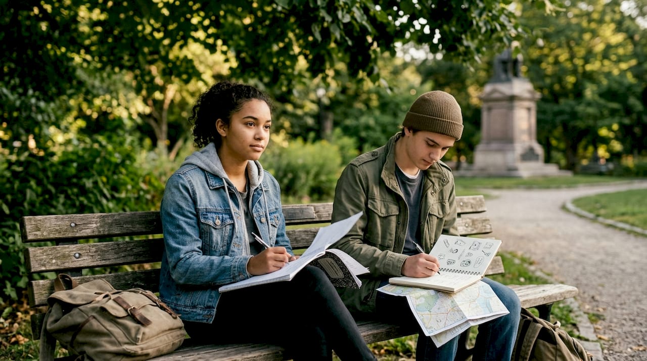 students reflecting on trip in park