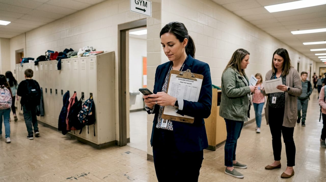 teacher managing school trip communication in hallway