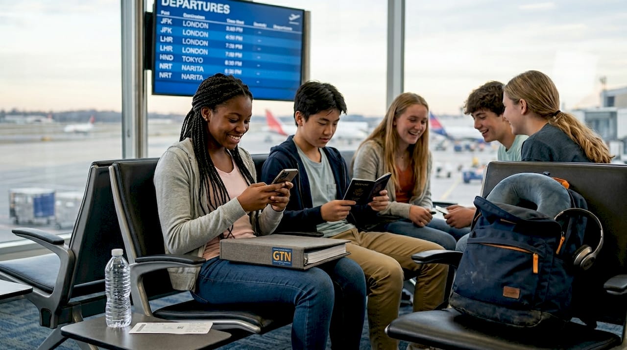 students waiting at airport departure gate