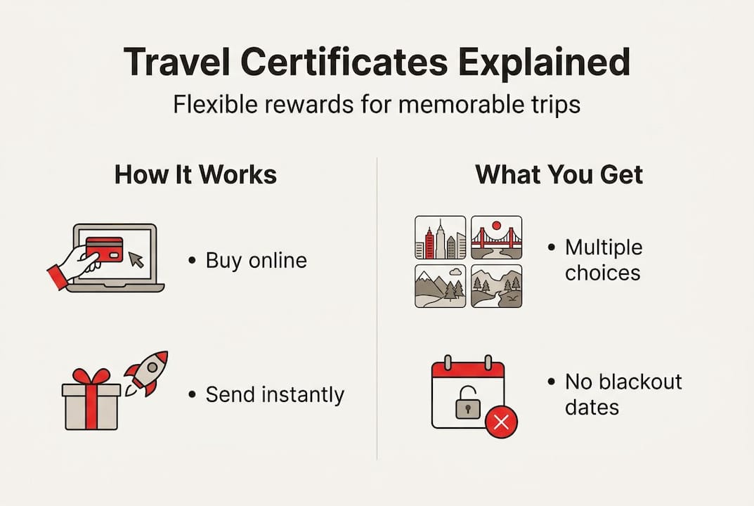 travel certificates explained: flexible gift solutions 3 infographic with travel certificate steps and features