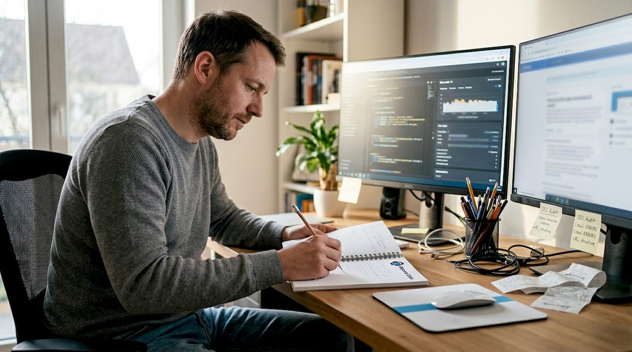 seo optimization guide: proven strategies for lasting results 4 person running technical seo audit at home office