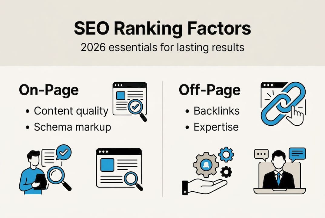 seo optimization guide: proven strategies for lasting results 3 infographic showing seo ranking factors in 2026