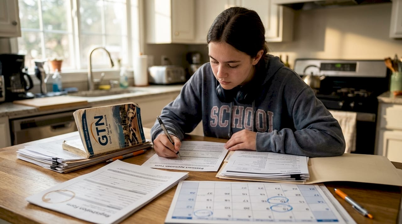 student completing passport documents in kitchen