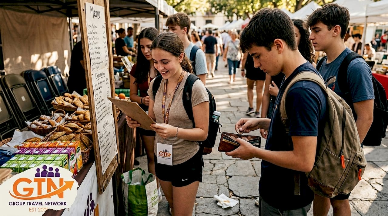 students purchasing snacks at local outdoor market
