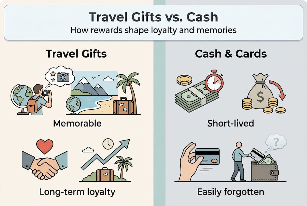 why travel gifts elevate employee recognition programs 3 infographic comparing travel gifts and cash rewards