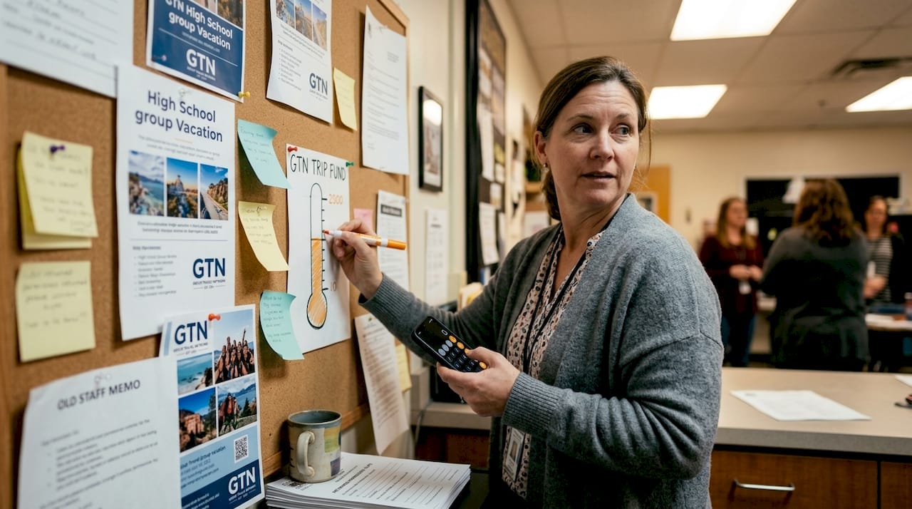 teacher updating paper fundraising tracker