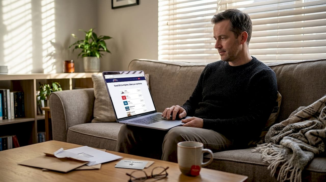 travel gift cards explained: effortless gifting in 2026 3 man comparing travel gift card choices at home