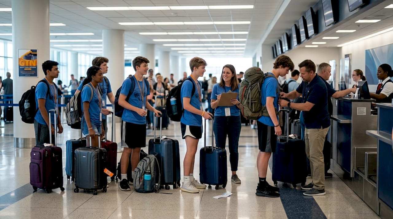 students and chaperones gather for airport group travel