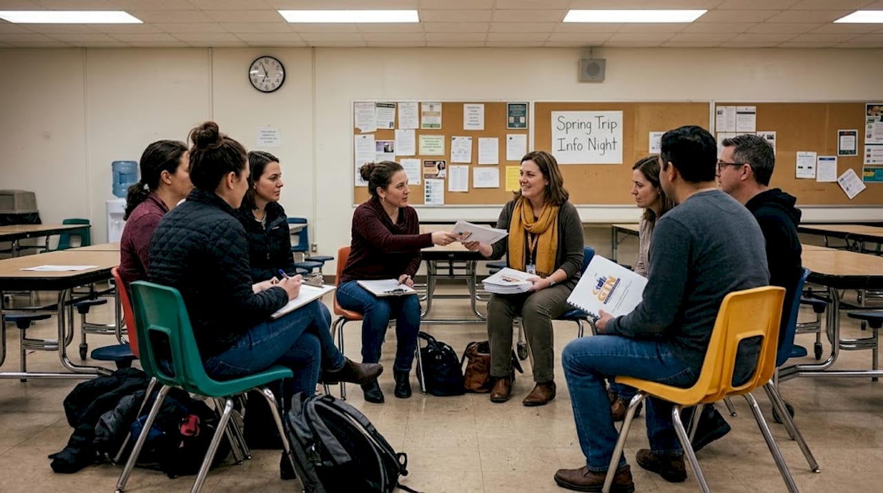 parents and teachers discuss school trip details