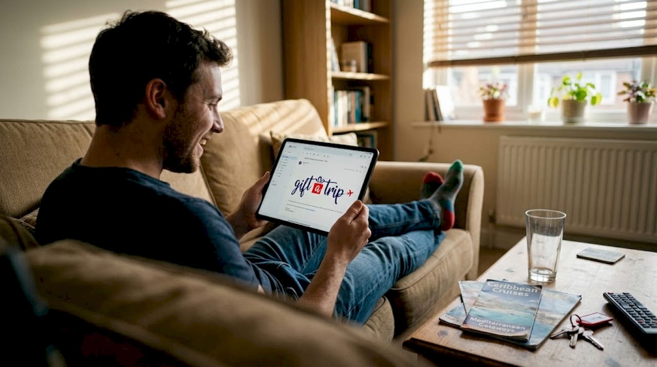 how to send digital travel gifts and create lasting memories 3 man opening travel gift email on tablet