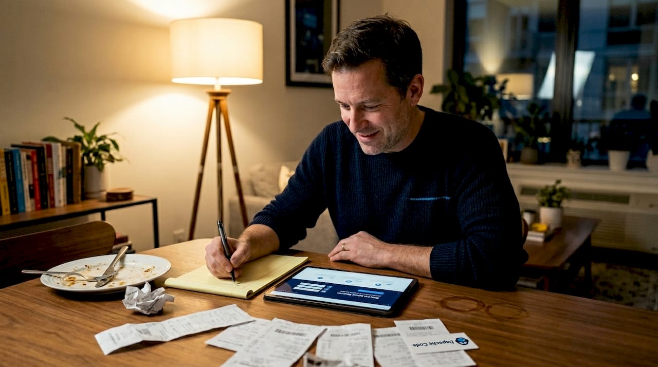 business owner checking website at home table