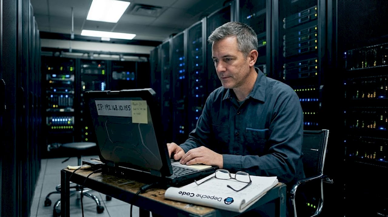 technician checking downtime logs in server room