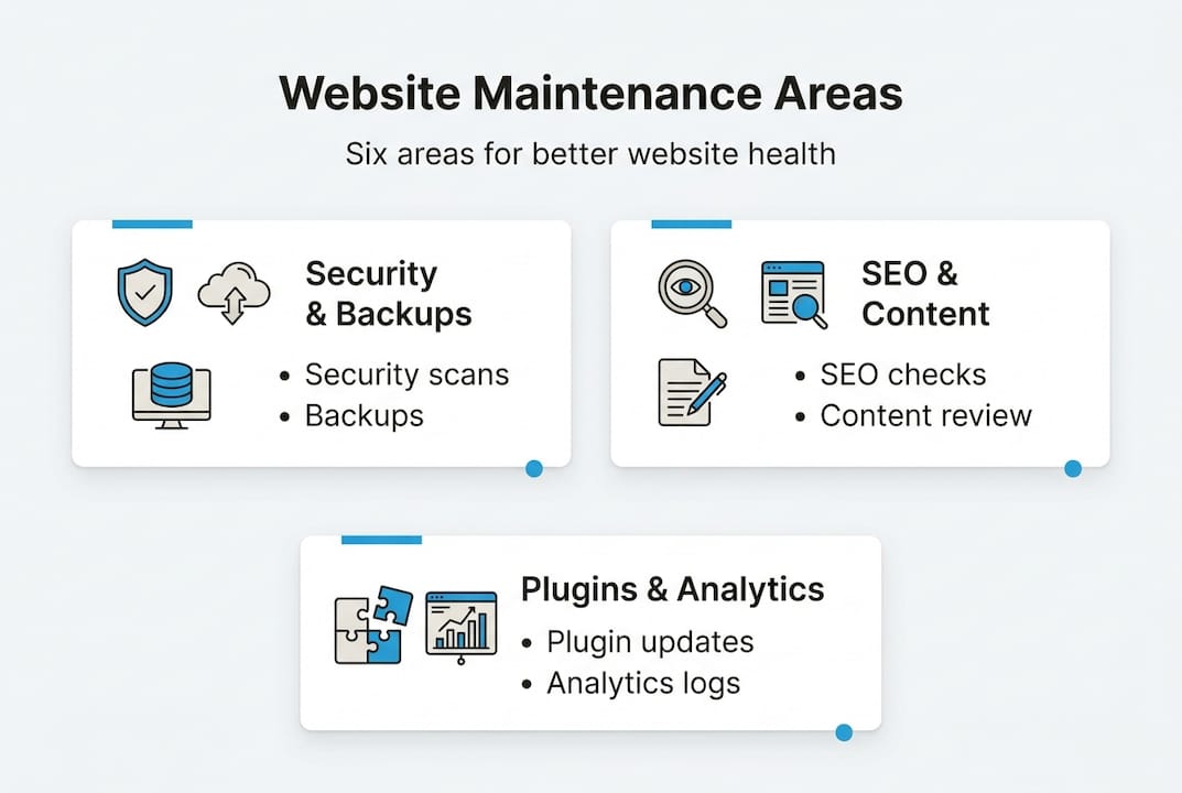 infographic of six website maintenance areas