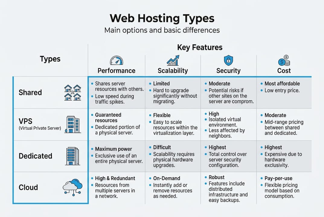 infographic comparing web hosting type features