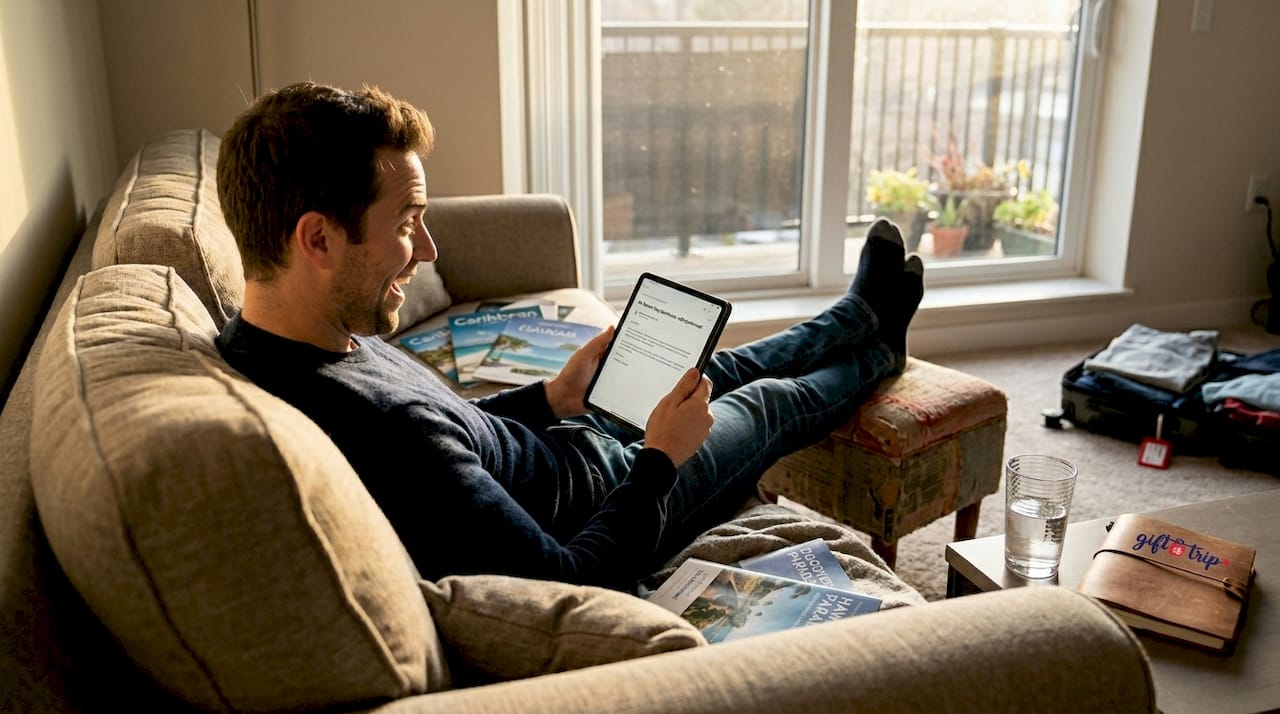 top digital gift certificate examples for travel 2026 3 person reading about resort certificate at home