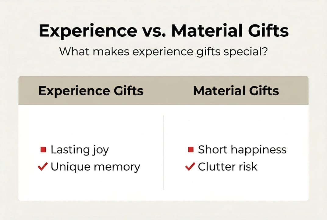 how to give experience gifts: step-by-step guide for impact 3 infographic comparing experience and material gifts