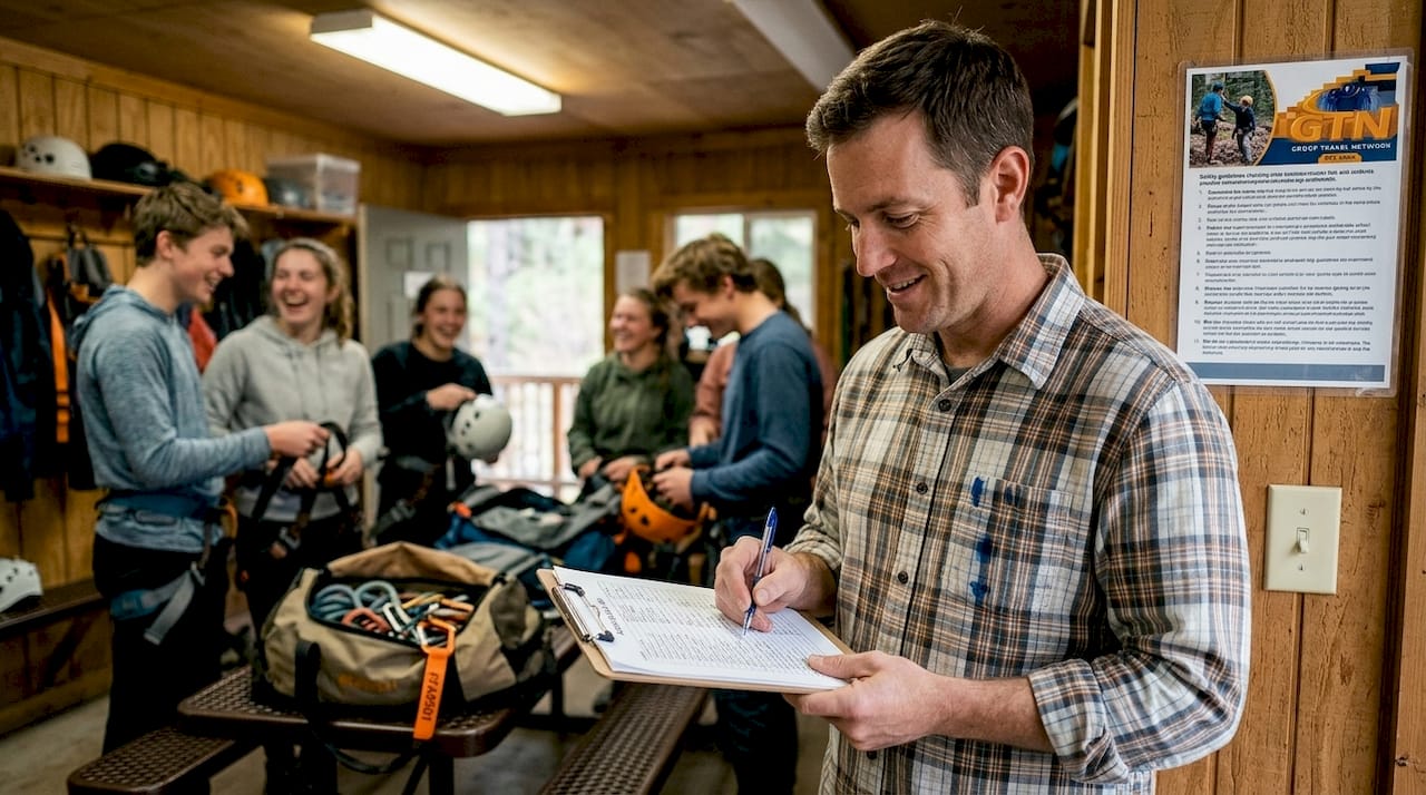teacher reviewing adventure activity safety checklist
