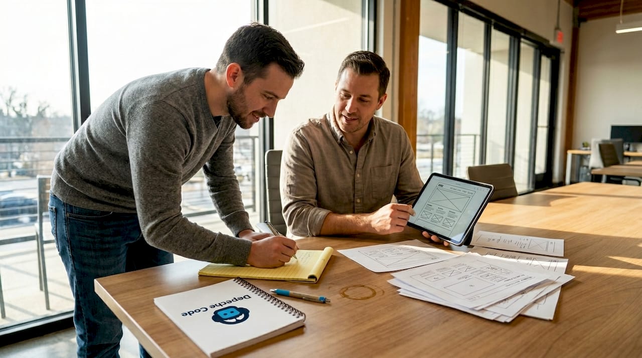 team discussing website redesign sketches