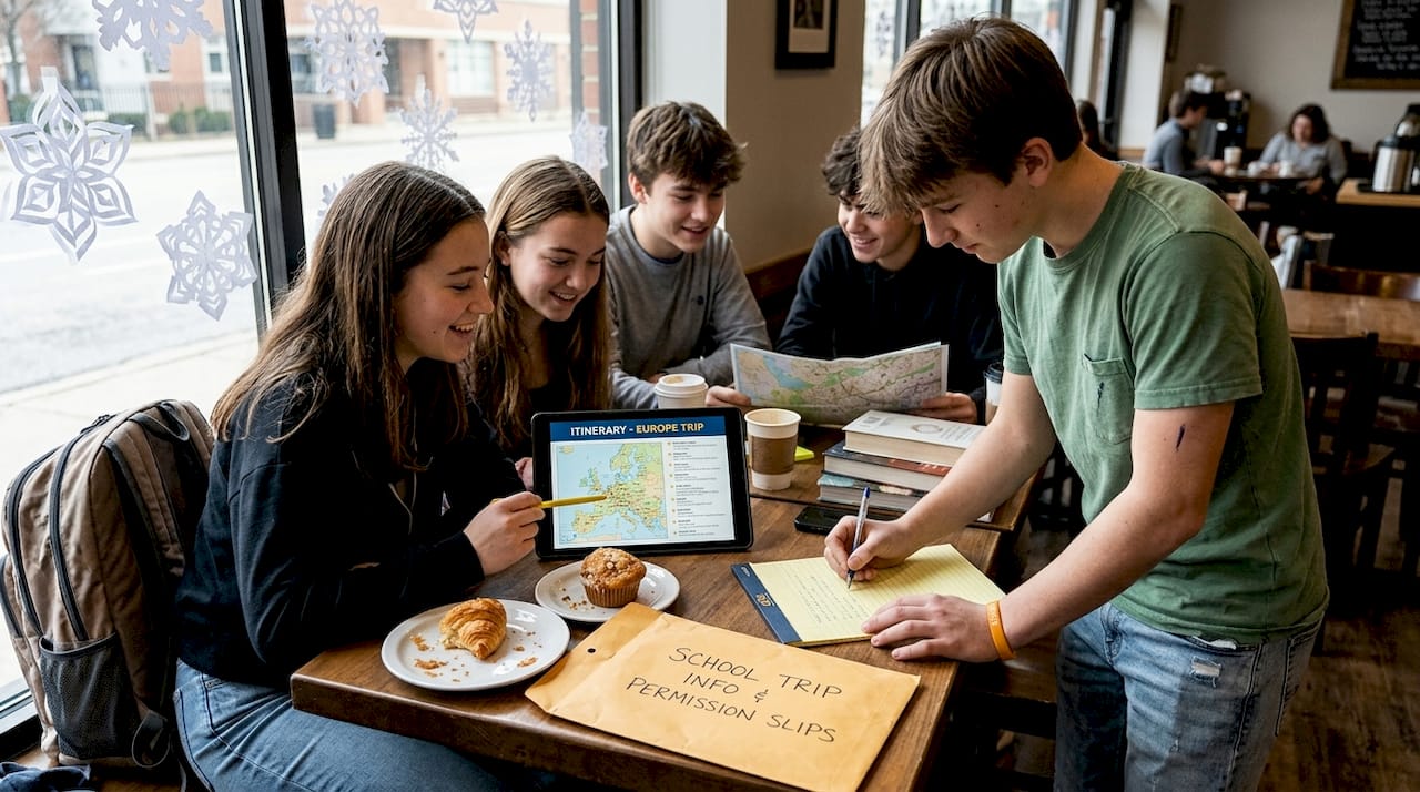 parent reviewing trip expenses at kitchen table