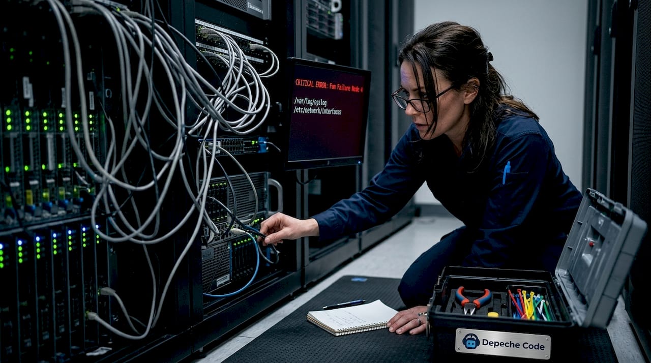 technician fixing server issues in cramped server room