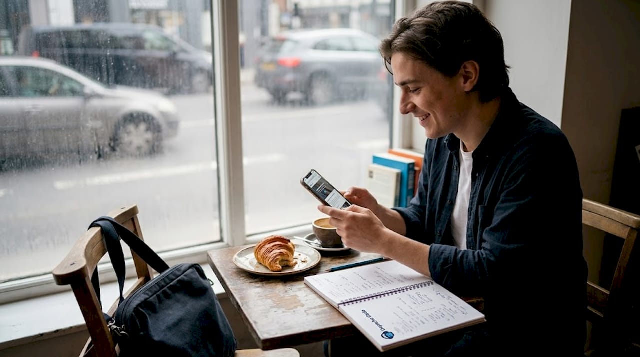 person browsing business website on phone at café