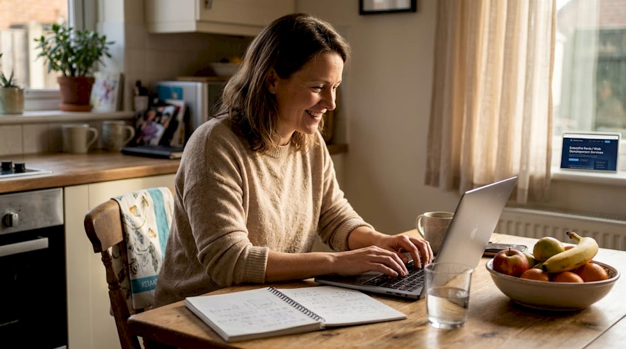 small business owner launching website at kitchen table