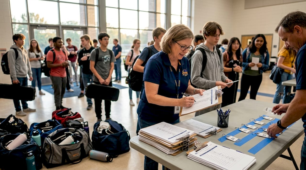 band chaperone checks off student logistics list