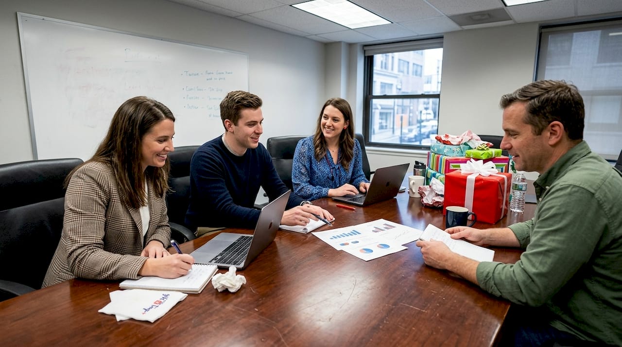 strategic gifting boosts sales performance by 70% 3 team meeting with gift boxes and sales charts