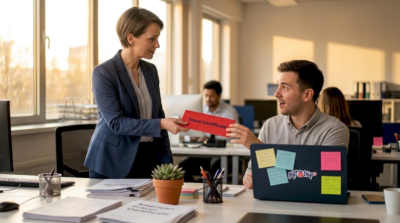 10 standout examples of employee gifting that inspire 3 manager giving employee a travel certificate