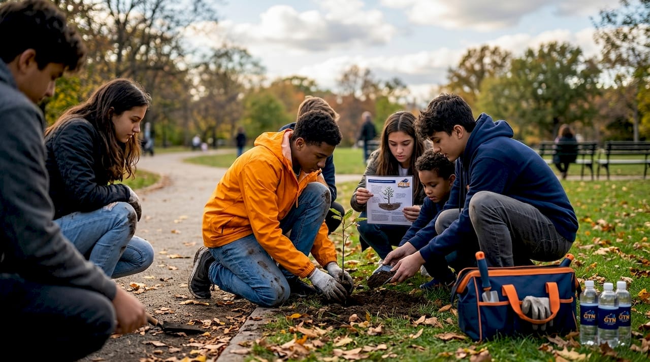 students planting trees together in city park