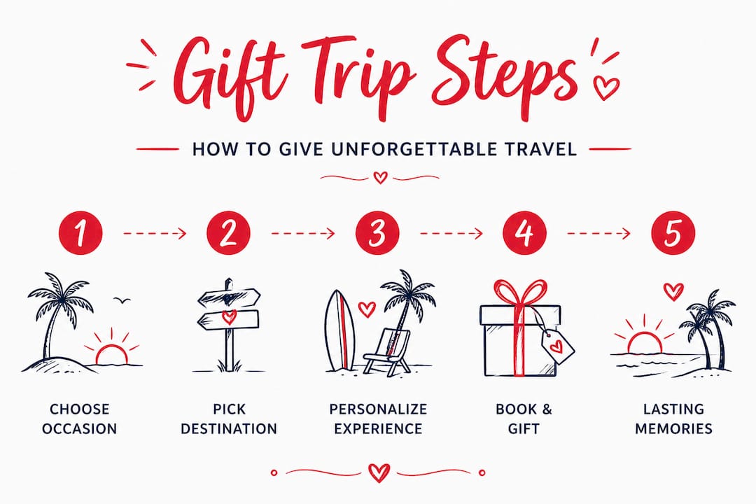 what is a gifting occasion trip? unforgettable gifts explained 3 infographic showing five steps of gifting a trip