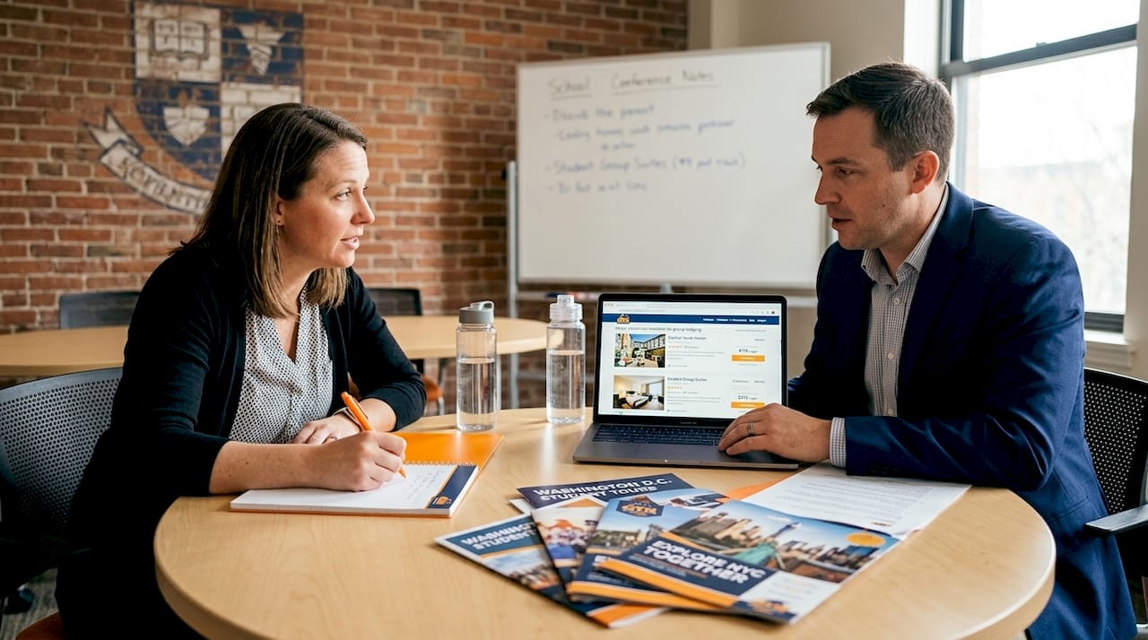 teachers comparing trip booking options together