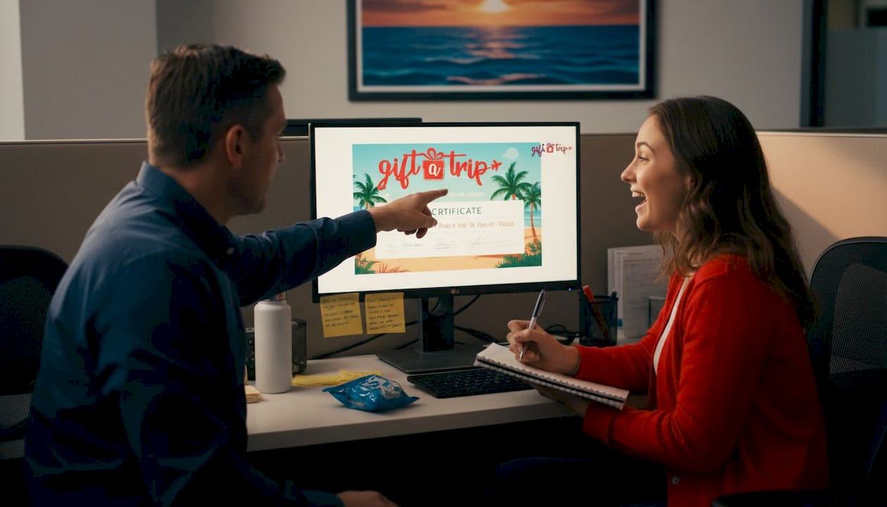 boost employee motivation with travel gift certificates 4 manager discussing travel reward program at desk