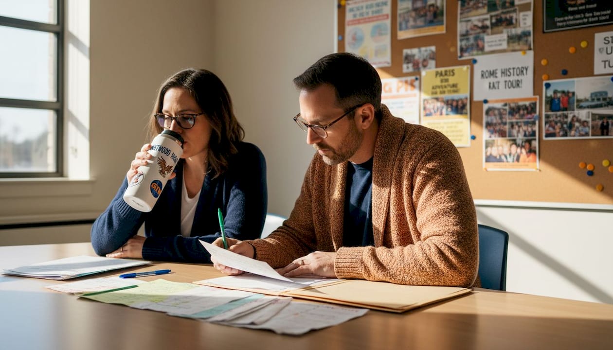 how travel experts make student trips safer and stress-free 4 teachers going over student trip paperwork