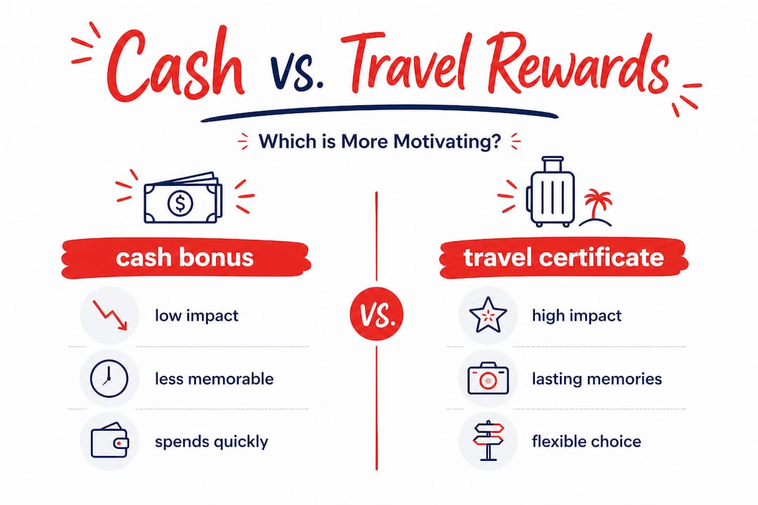 boost employee motivation with travel gift certificates 3 infographic comparing cash and travel rewards motivation impact
