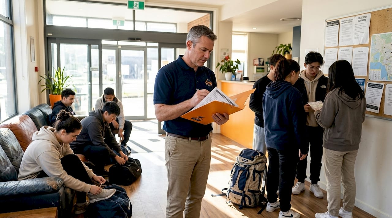 chaperone leading safety check at hostel lobby