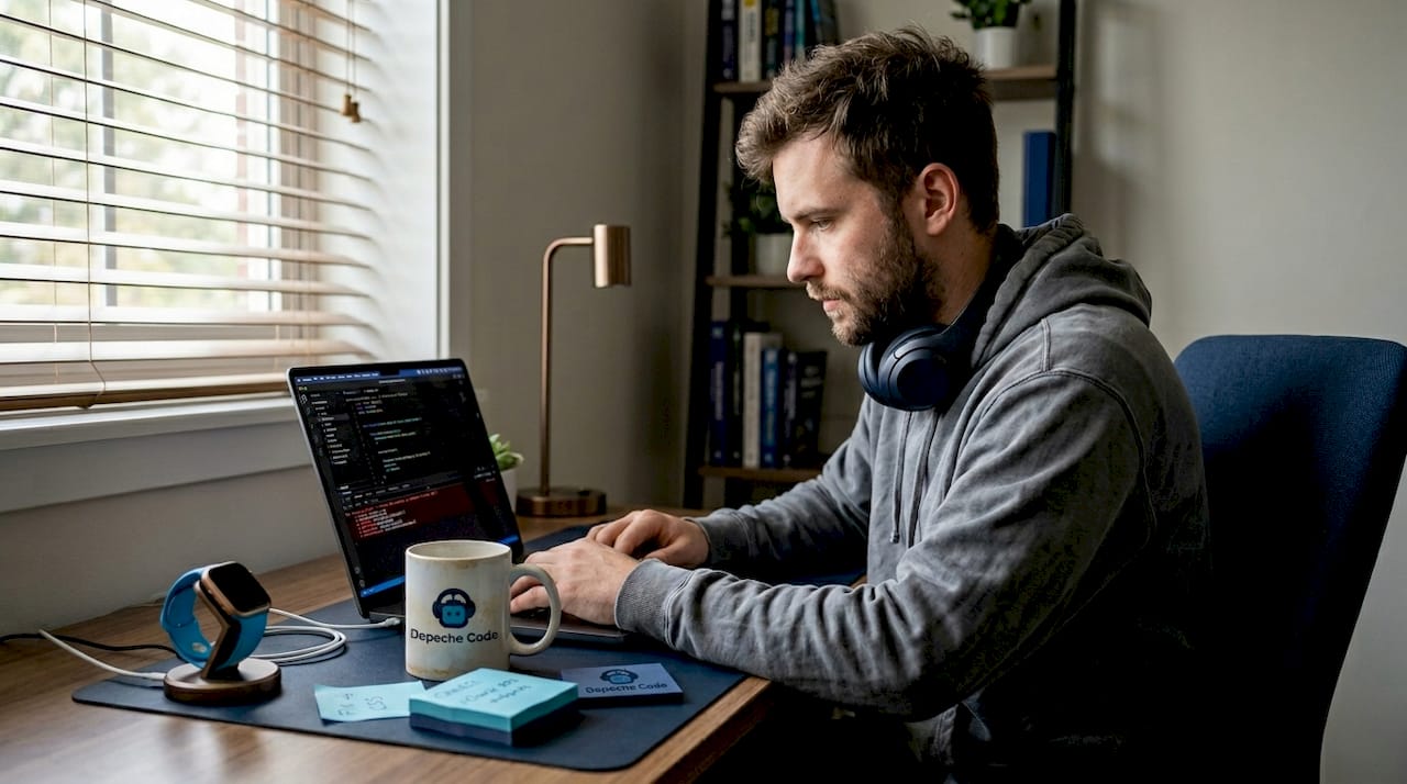 web developer fixing issue in home office