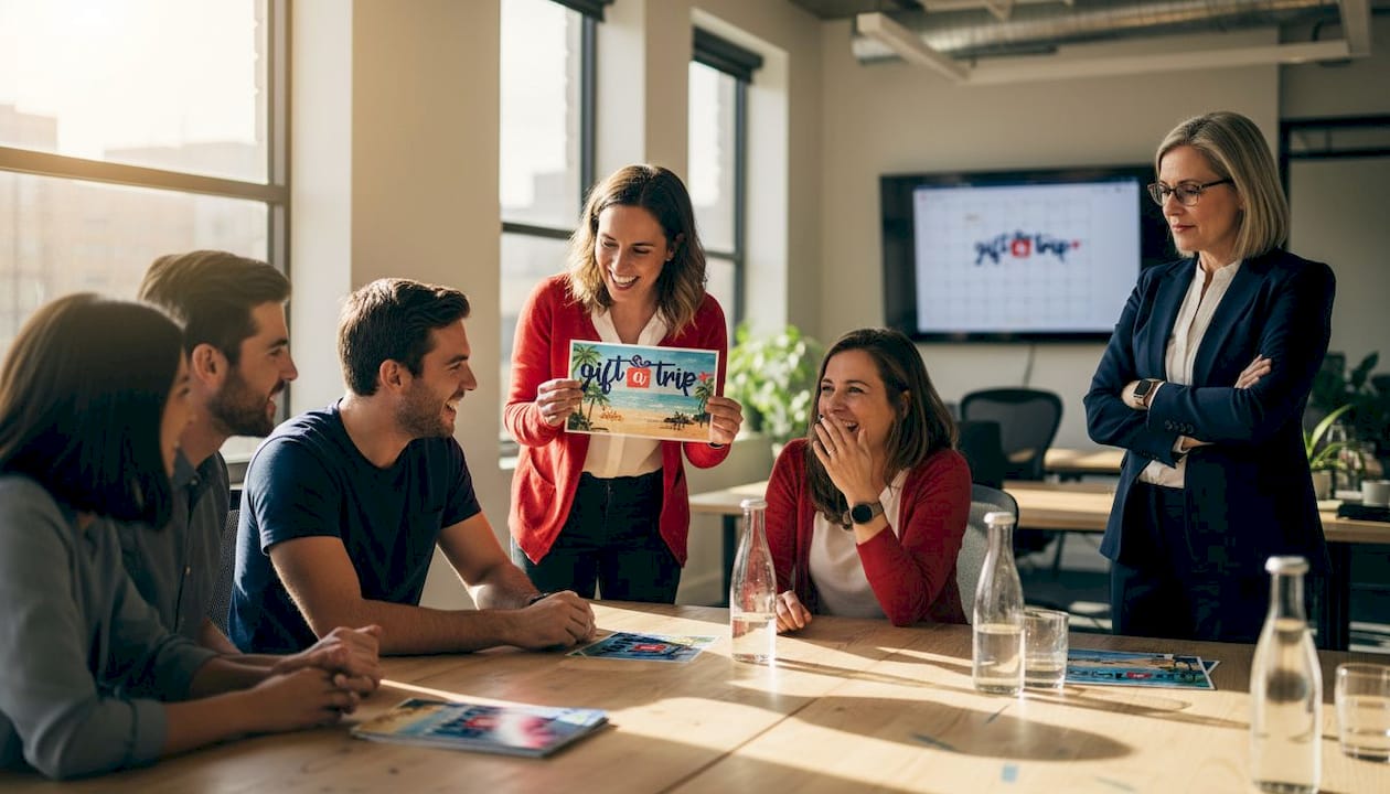 why resort gift certificates elevate employee rewards 3 coworkers discuss resort rewards in breakroom