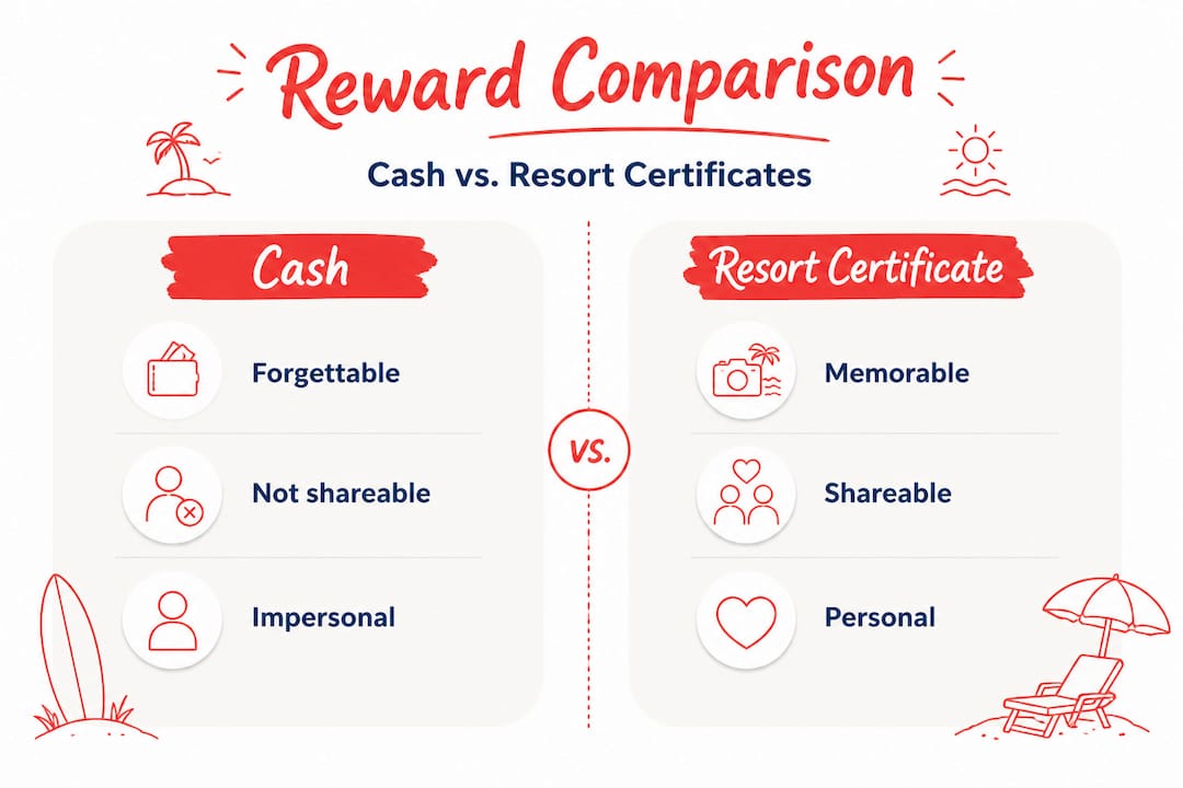 why resort gift certificates elevate employee rewards 4 infographic comparing cash and resort certificate rewards
