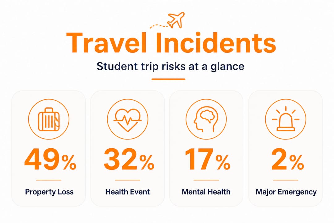 student travel safety: protecting students and schools 3 infographic summarizing student travel incident types