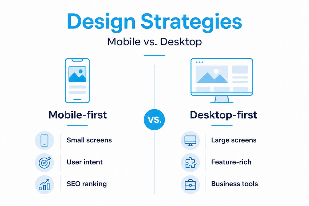 infographic comparing mobile versus desktop design strategies