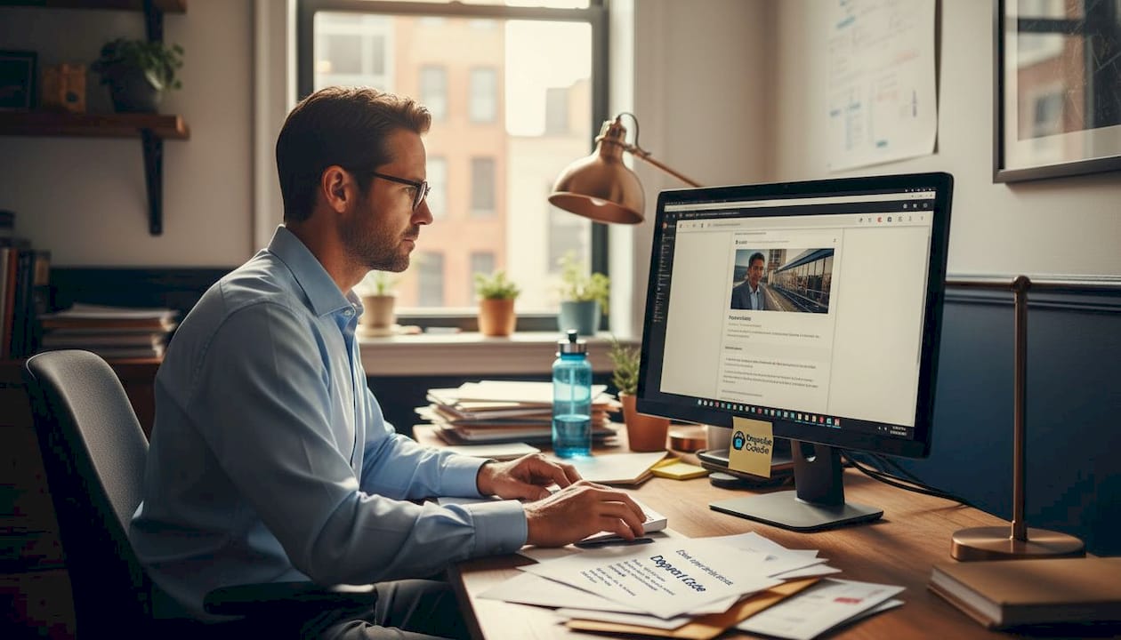 man updates business profile at desk
