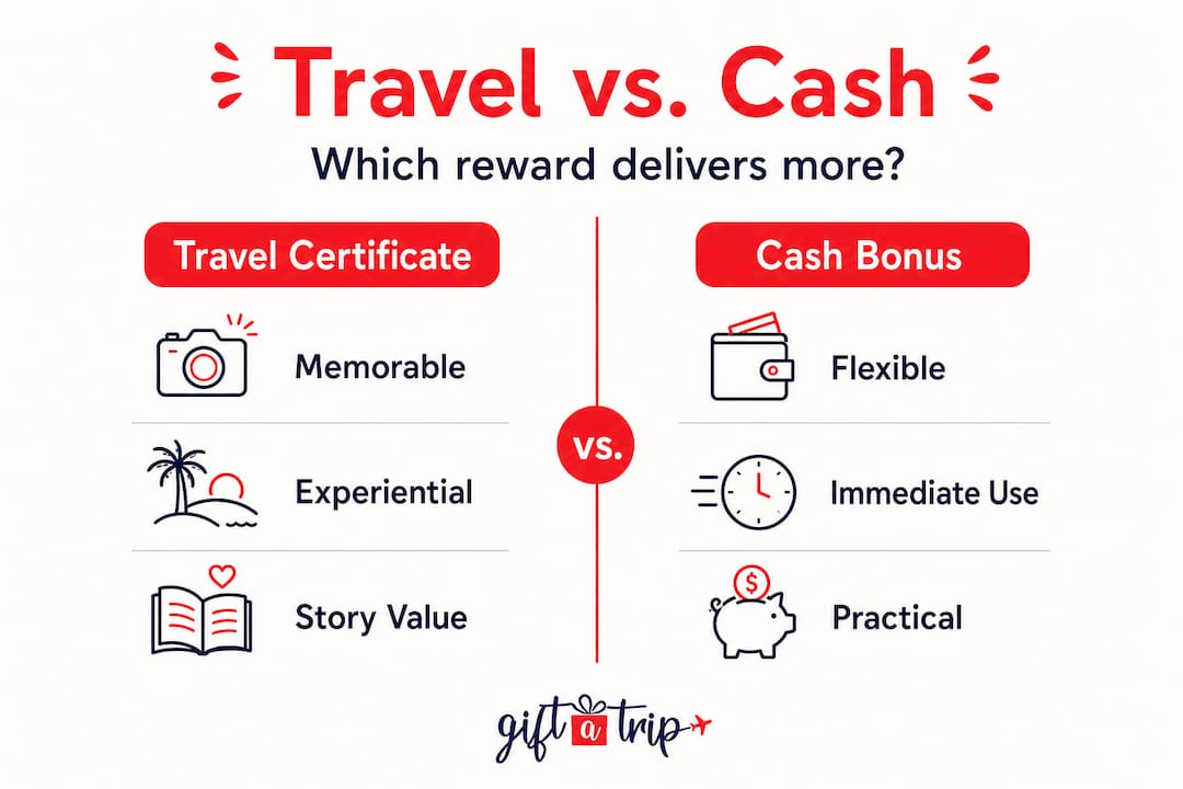 travel certificates vs cash bonuses: which drives real impact? 3 infographic visualizing travel certificates and cash bonus comparison