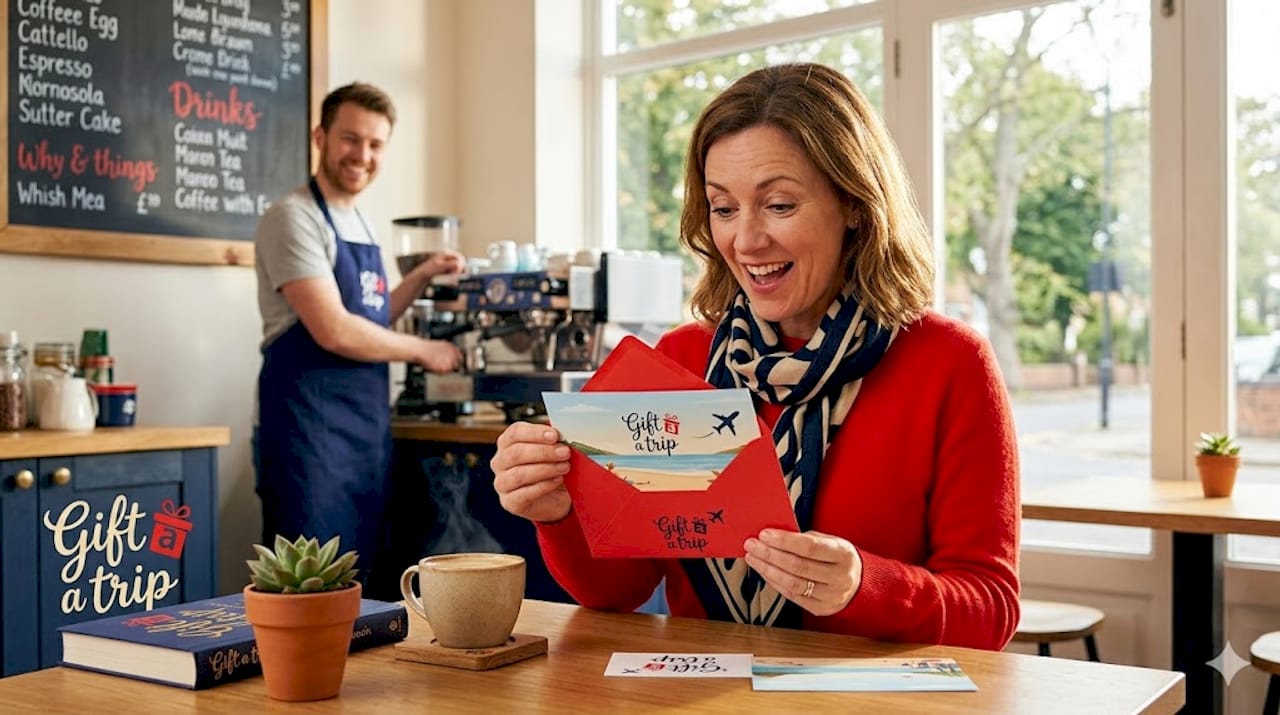 business gifting: boost team morale with experiential rewards 3 employee surprised opening travel gift envelope